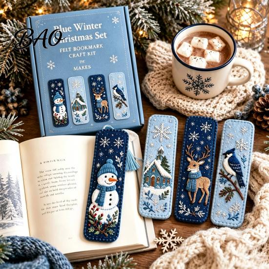 Retro Christmas Pattern Ornaments DIY Felt Embroidery Bookmark Kit, Woodland Animal Pet Craft Beginner Friendly Sewing Crafts Holiday Themed