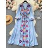 Drawstring Waist Dress Retro Ethnic Style Embroider