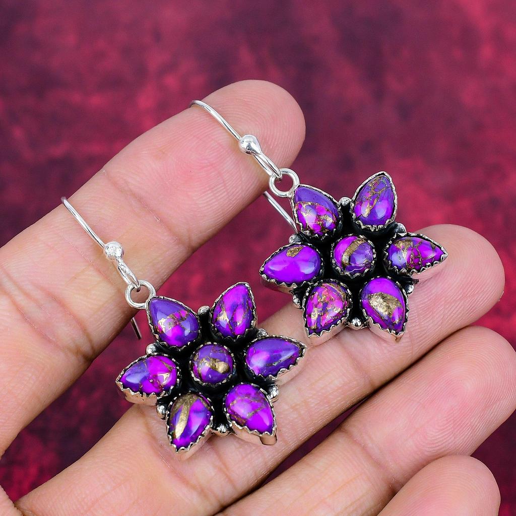Серьги из фиолетовой меди и бирюзы, ювелирные изделия из цельного серебра 925 пробы, серьги с драгоценными камнями, подарок для нее, изящные ювелирные изделия ручной работы
