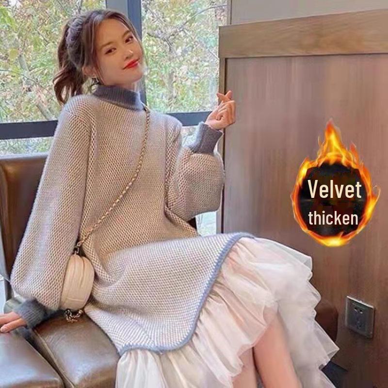 2024 Fall/Winter French Style Knee-Length Knitted Dress Coat with Inner Skirt and Sweater for Children