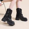 Модная женская обувь 2024 Бренд Боковая молния Женские ботинки Модные Круглый носок Современные ботинки Женские Горячая распродажа Металлическая отделка Ботинки до середины икры