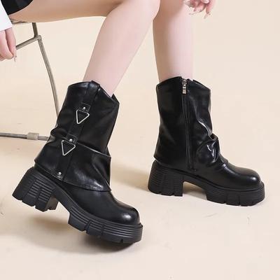 Модная женская обувь 2024 Бренд Боковая молния Женские ботинки Модные Круглый носок Современные ботинки Женские Горячая распродажа Металлическая отделка Ботинки до середины икры