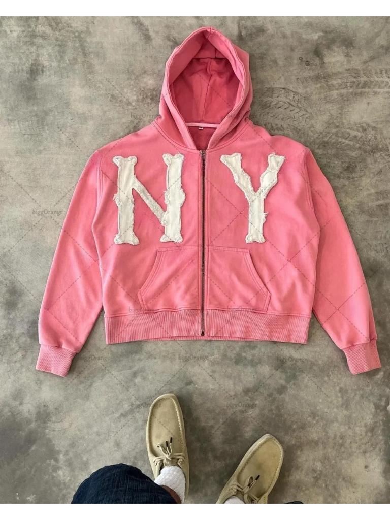 ZYLLO Y2k Harajuku Retro Trendy Brand Letter Embroidery Oversized Swetshirt Women High Street Fashion Loose Zipper Hoodie