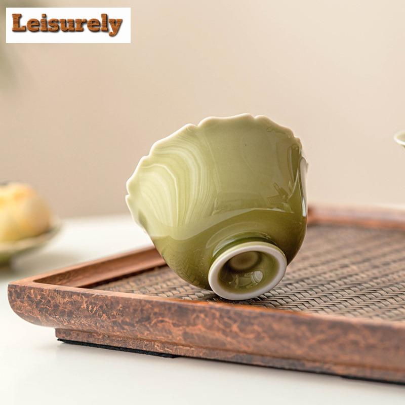 2 шт./набор чашек для чая Yaozhou Kiln Celadon Tea Dust Green High Foot Petal Cup Descubre Tea Bowl Personal Master Mug Kung Fu Teaset 70ML