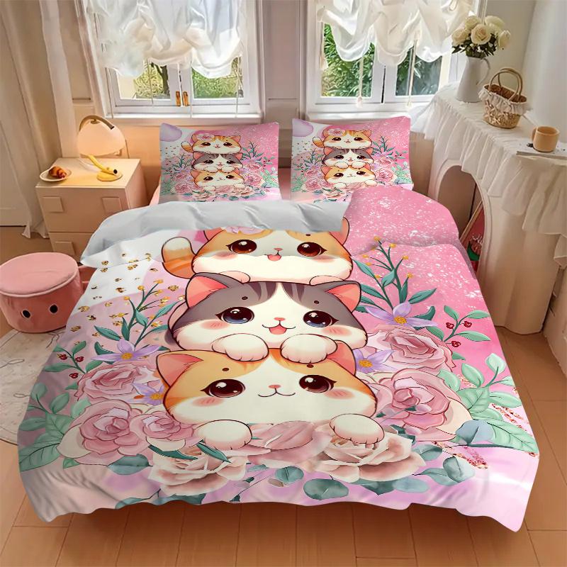 3pcs Three Cute Cats Ideas Bedding Set - Includes 1 Quilt Cover and 2 Pillowcases, Comfortable Bedding with Stylish Design for Bedroom, Mach