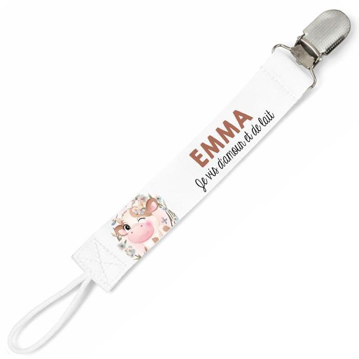 Planetee Attache tétine pour prénom EMMA je vis d'amour et de lait Vache | Attache sucette cadeau naissance