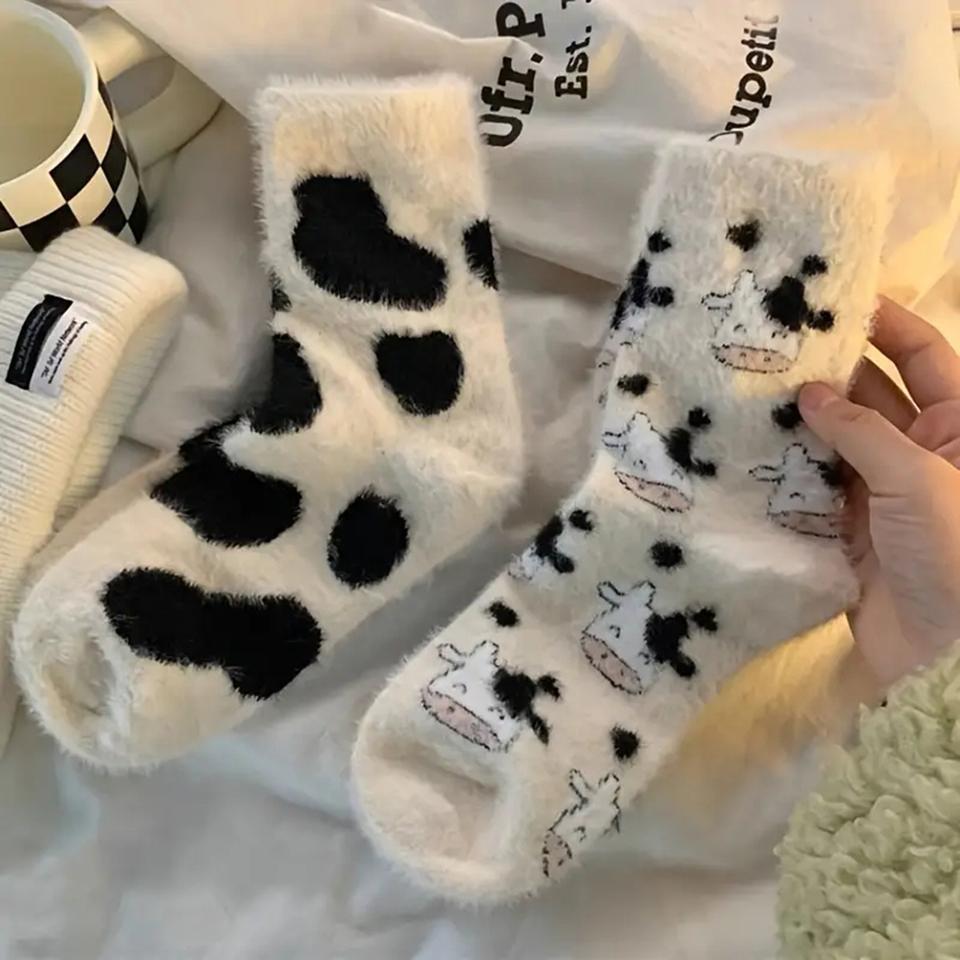 1 Pairs Women's Plush Mid Length Socks Kawaii Dairy Cattle Thickening Mink Wool Sweet Soft Warm Stay At Home Women's Floor Socks