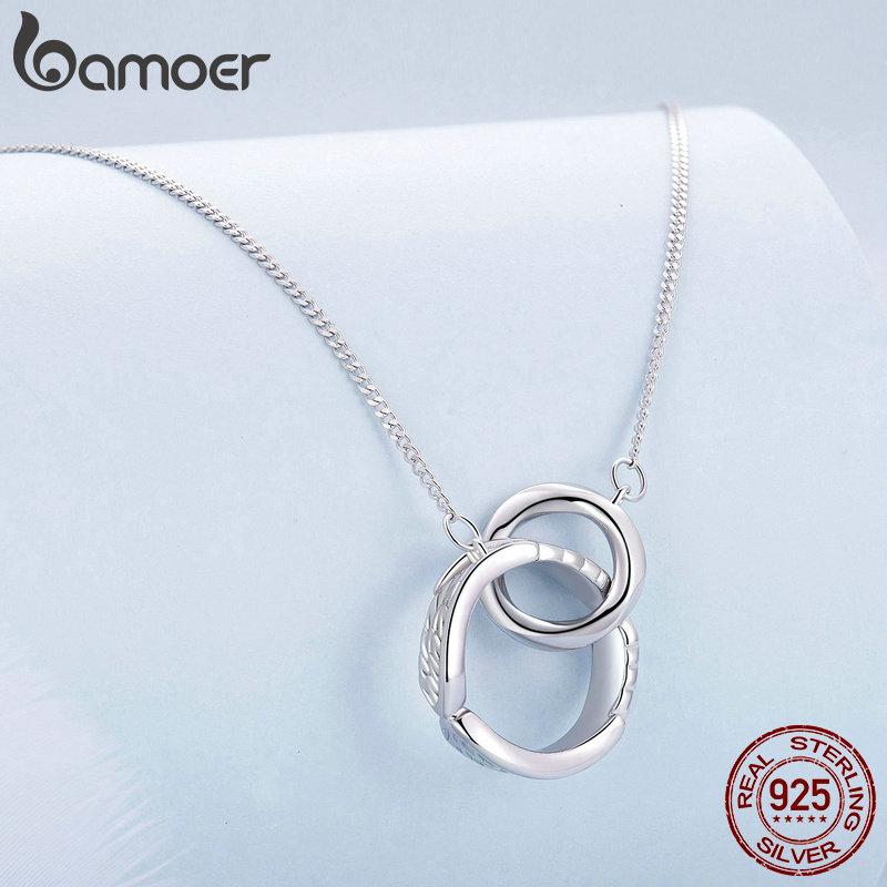 BAMOER стерлингового серебра 925 пробы двойной круг подвеска Mobius цепочка на шею с крыльями ангела для женщин подарок на день рождения изящные ювелирные изделия