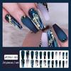 Long Marbled Fake Nails Rhinestone Coffin Dark Green Press-On Nails Acrylic False Nails With Glue Sticker (24pcs)