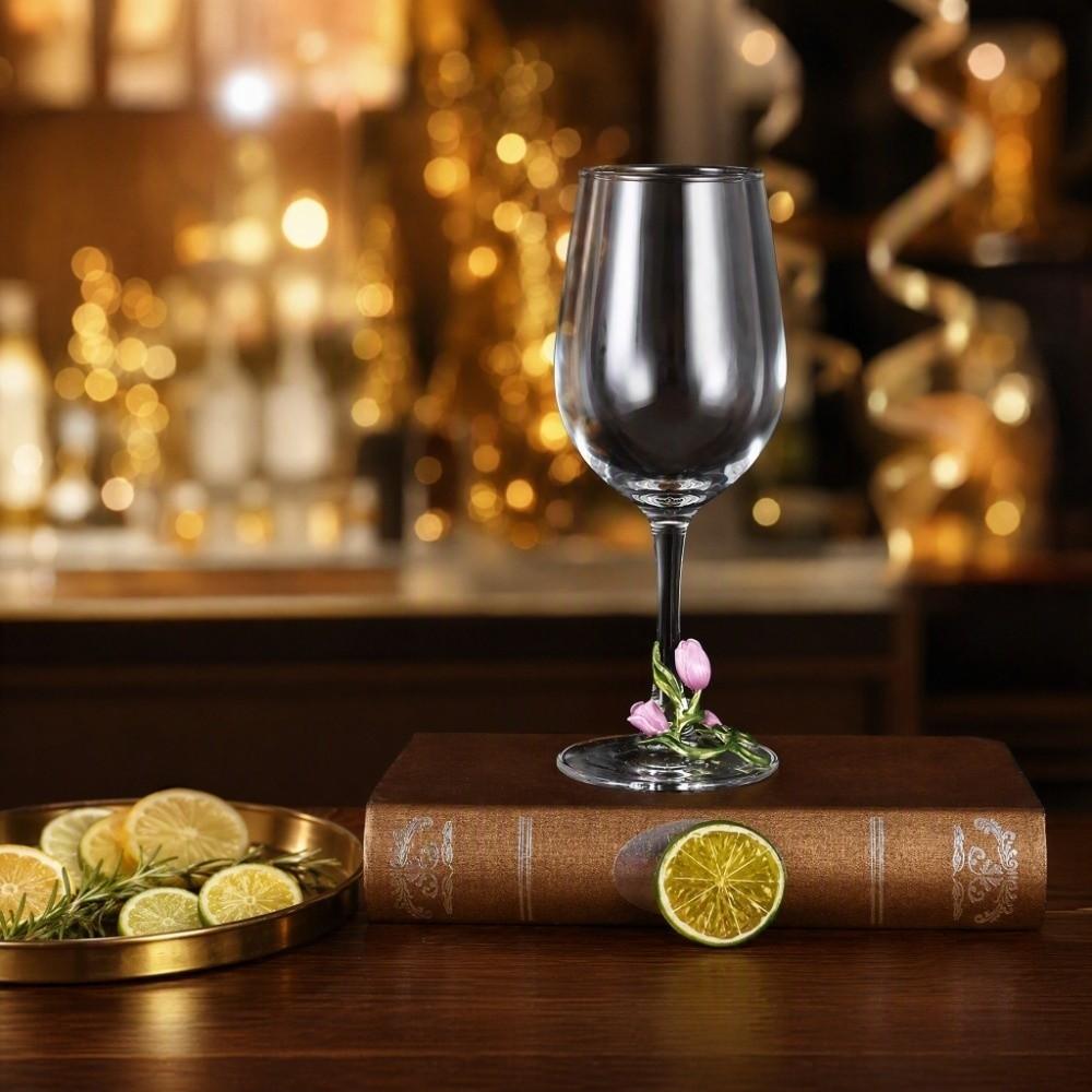 Transparent Tulip Flower Wine Glass Tulip Floral Embossed Cup Glassware Glass Goblet New Year