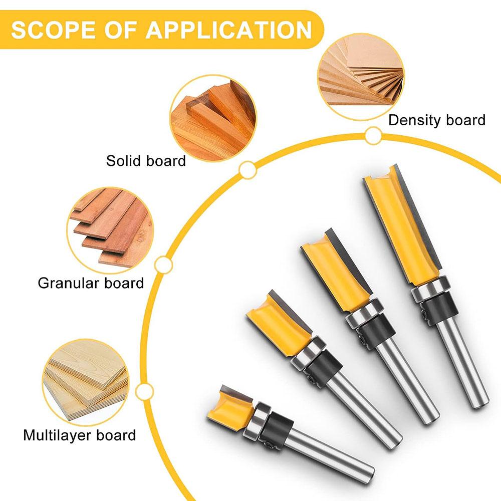 Набор из 4 фрез с верхним подшипником и хвостовиком 1/4'' для заподлицо из карбида вольфрама