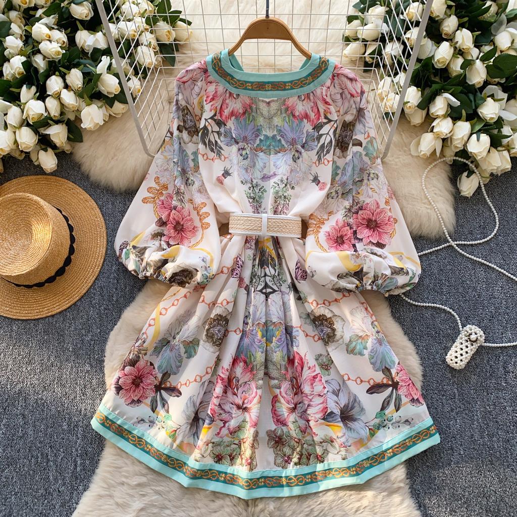 Spring Summer Women Vintage Designer Print Runway Dress V-neck Single Breasted Mini Short Party Dresses with Belt