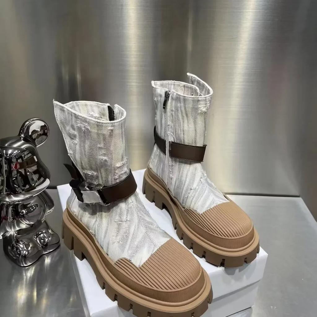 Новые корейские модные короткие сапоги женские джинсовые туфли на толстой подошве женские ботильоны в стиле ретро с пряжкой на ремне для женщин 2024