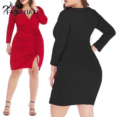 Filweoatc сексуальное платье с v-образным вырезом и длинными рукавами, сумка с разрезом на шнурке, юбка на бедре