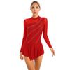 Womens Girls Figure Skating Dance Dresses Glitter Rhinestone Sheer Mesh Patchwork Long Sleeve Leotard Dress
