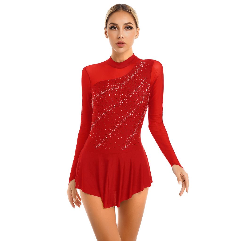 Womens Girls Figure Skating Dance Dresses Glitter Rhinestone Sheer Mesh Patchwork Long Sleeve Leotard Dress