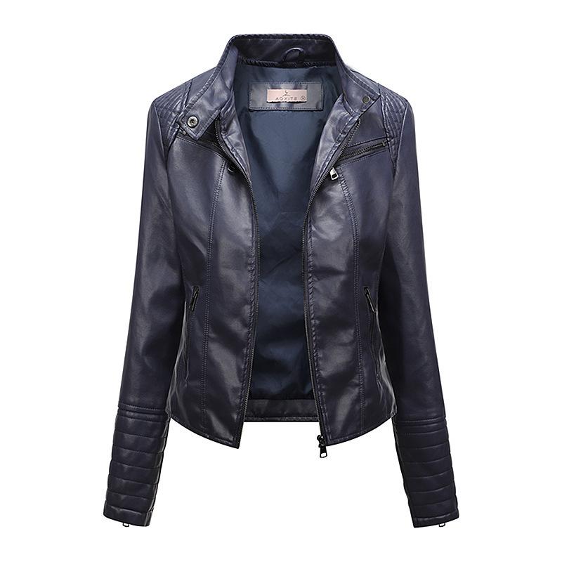 Cross-border European and American style slim-fit short PU leather jacket women's locomotive jacket stand-up collar zipper fashion versatile spring a