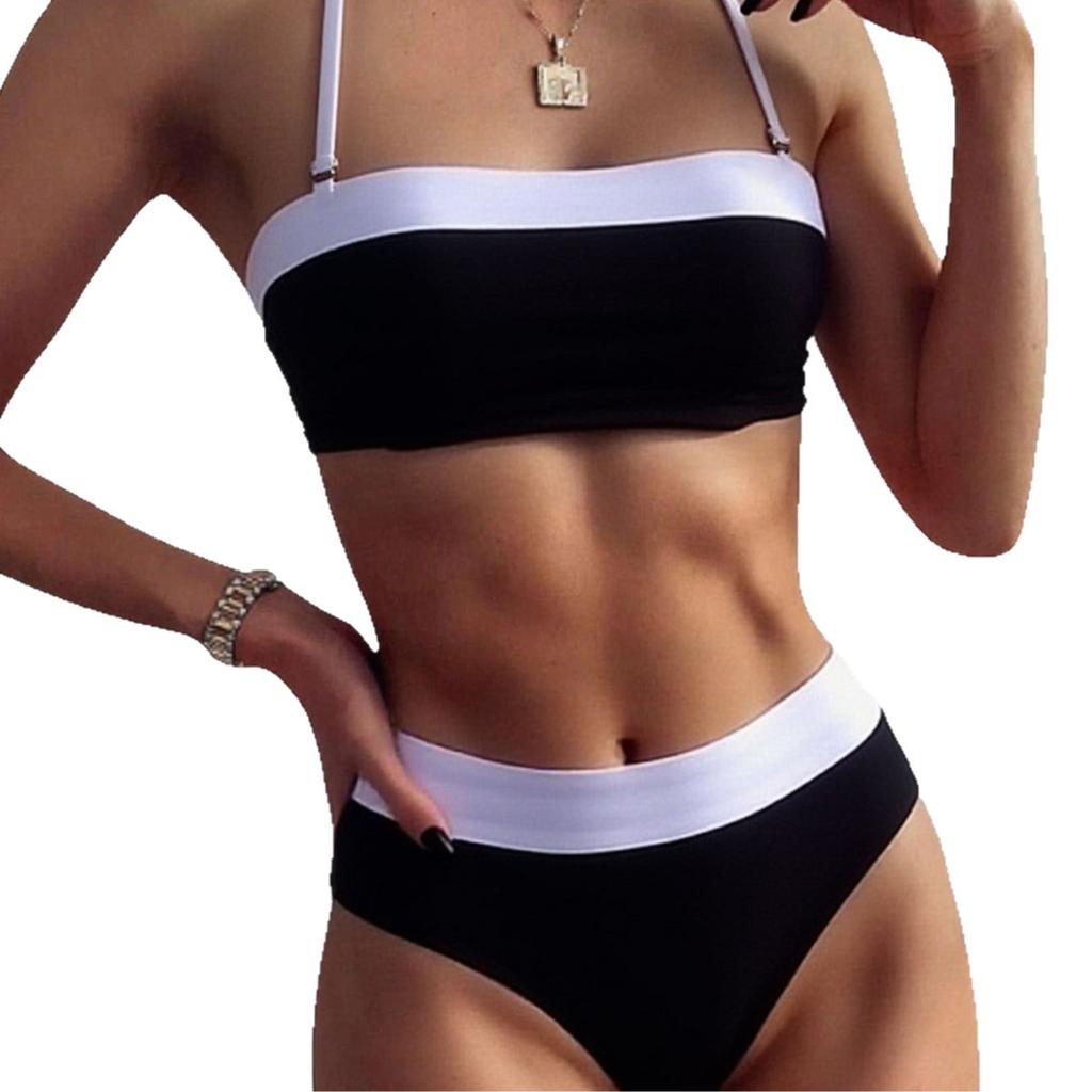 The new 1011 tube top bikini color matching split swimsuit black and white contrasting swimsuit is now