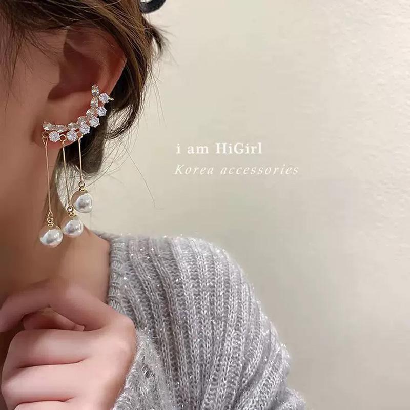 OEM Korean Fashion 18k Gold-plated Alloy Pearl Tassel Earrings One-piece Crystal Pearl Tassel Ear Clip Earrings