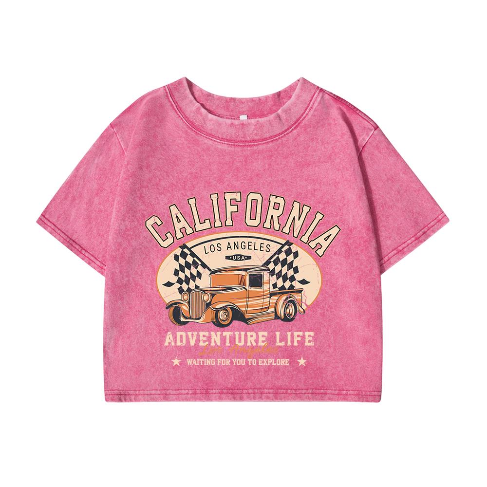 Женские хлопковые кроп-топы тренд O-образный вырез потертые выстиранные футболки принт Калифорния Лос-Анджелес уличная одежда