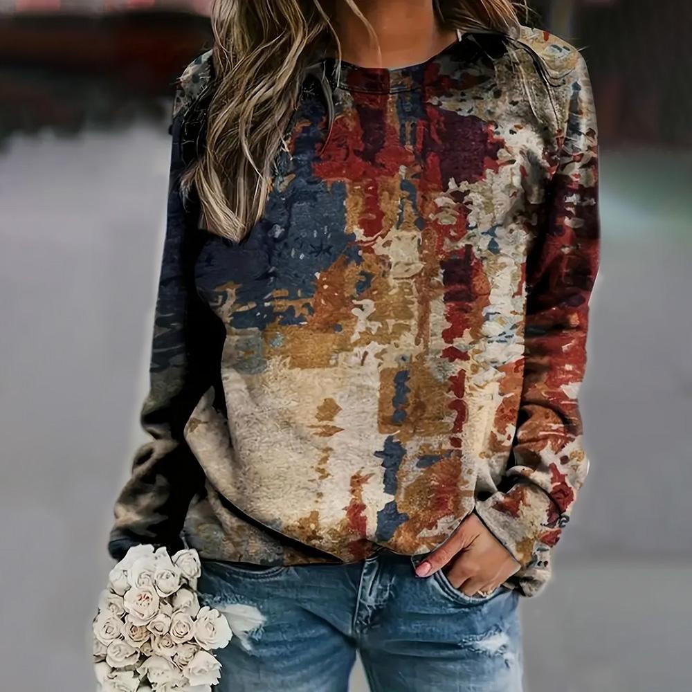 Элегантный женский топ с круглым вырезом и длинным рукавом, новая осенняя толстовка с длинным рукавом с 3D-цветочным принтом, свитшот, женская одежда больших размеров