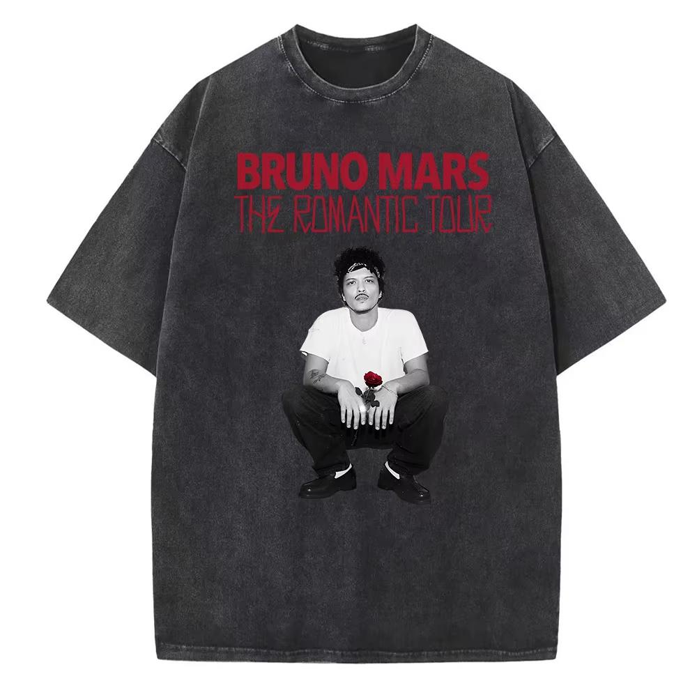 Bruno Mars The Romantic Tour Washed cotton printed Tshirt Men Women Hip Hop Short Sleeve Oversized summer male Tee Shirt