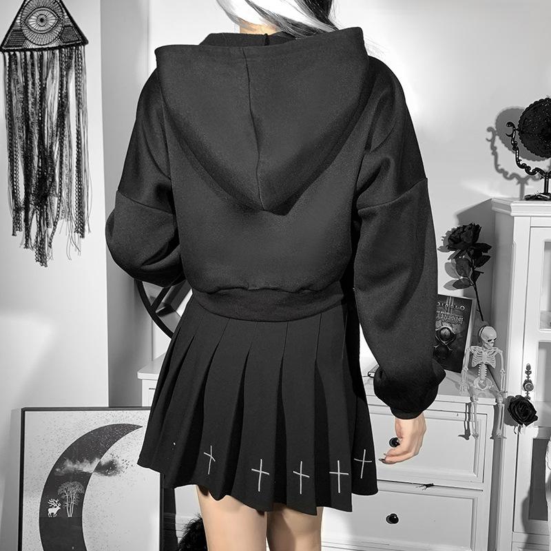 Готический укороченный топ Лолита, темные толстовки с принтом черепа, короткий свитер с капюшоном и длинными рукавами, осенне-зимний укороченный топ