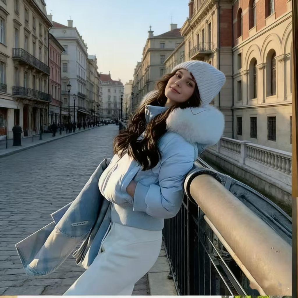 Solid color slim-fitting hooded cotton-padded clothes, women's big fur collar short cotton-padded jacket, the small man is tall, Han Fan goes out ever