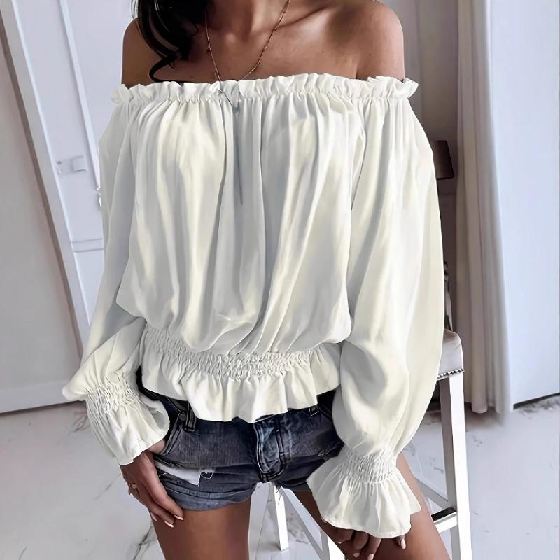 Women's New One Neck Chiffon Shirt Waisted Ruffled Hem Long-sleeved Short Section Summer Sweet Blouse
