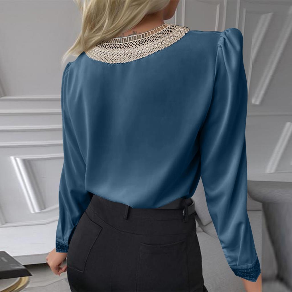 Women's Casual Fashion Solid Color Lace Long Sleeve V-neck Top