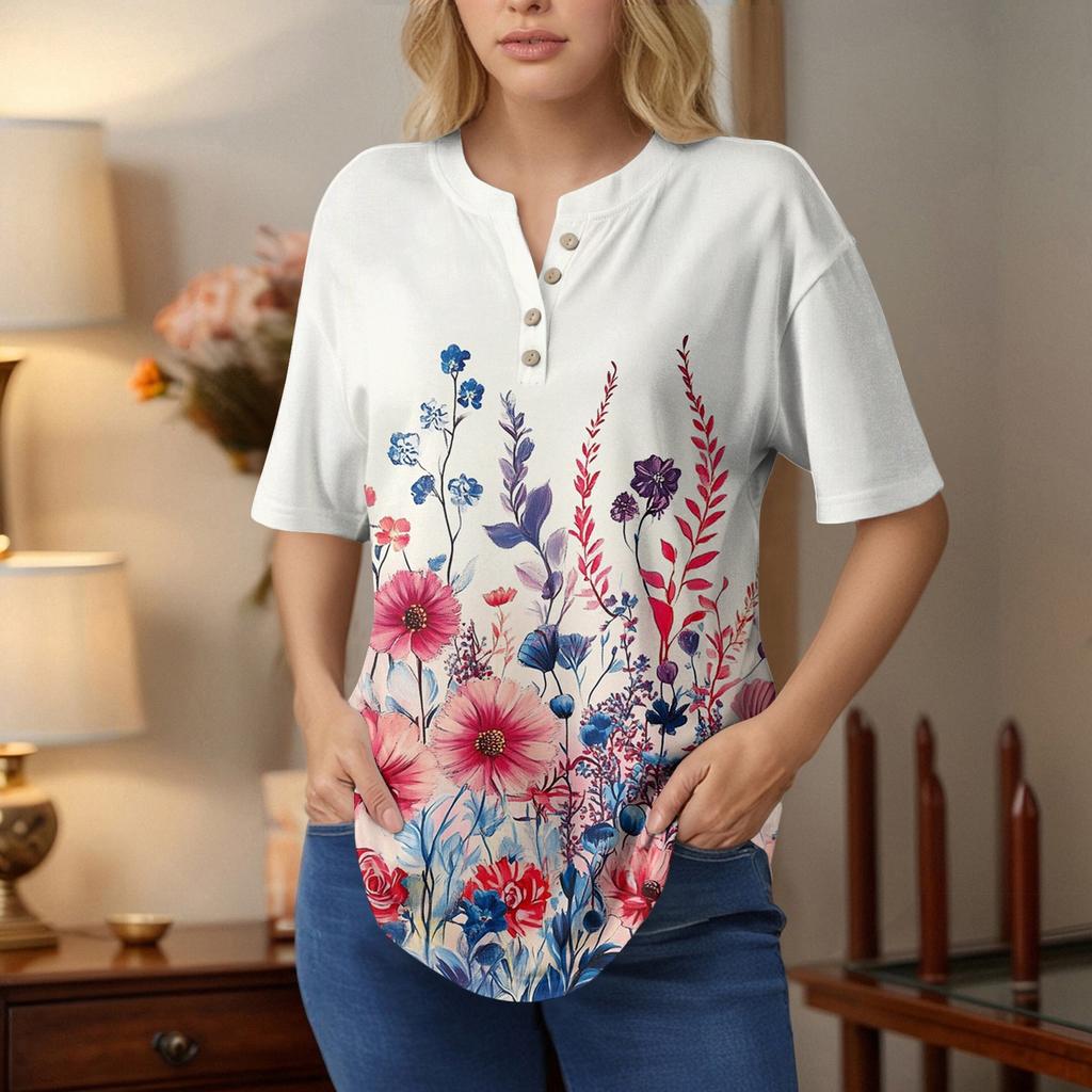 Short Sleeve Womens Tops Summer T-Shirts Floral Print V Neck Casual Basic Tee Button Shirts Tunic Tops