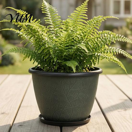 Indoor Decorative Plant Containers 12 Inch Thickened Flower Pots for Outdoor Indoor, Plastic Leaf-Pattern Texture Large Basin with Saucer Planter