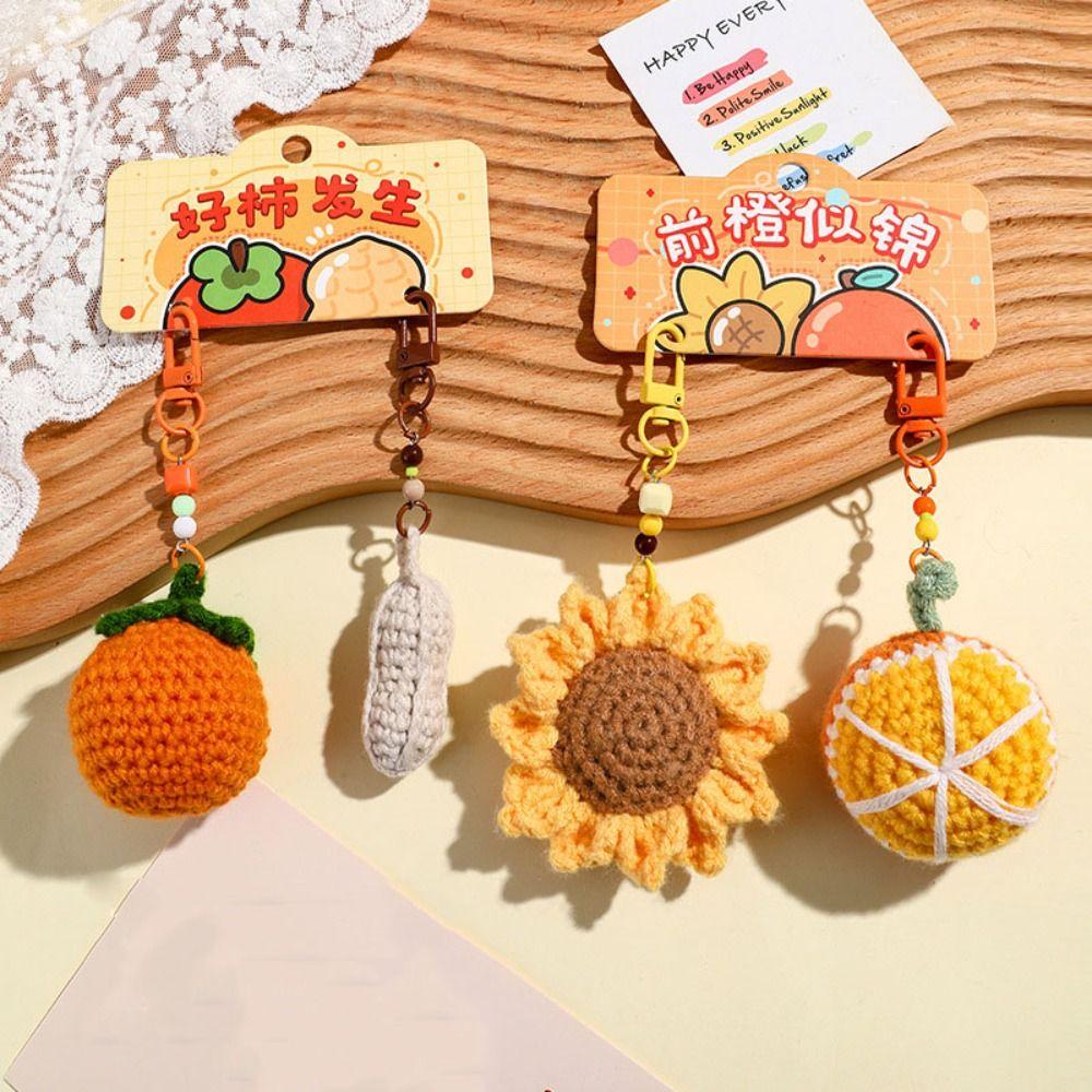 1pair Bag Hanging Knitted Flower Pendant Charms Car Keyrings Crochet Fruit Keychains Couple Gift