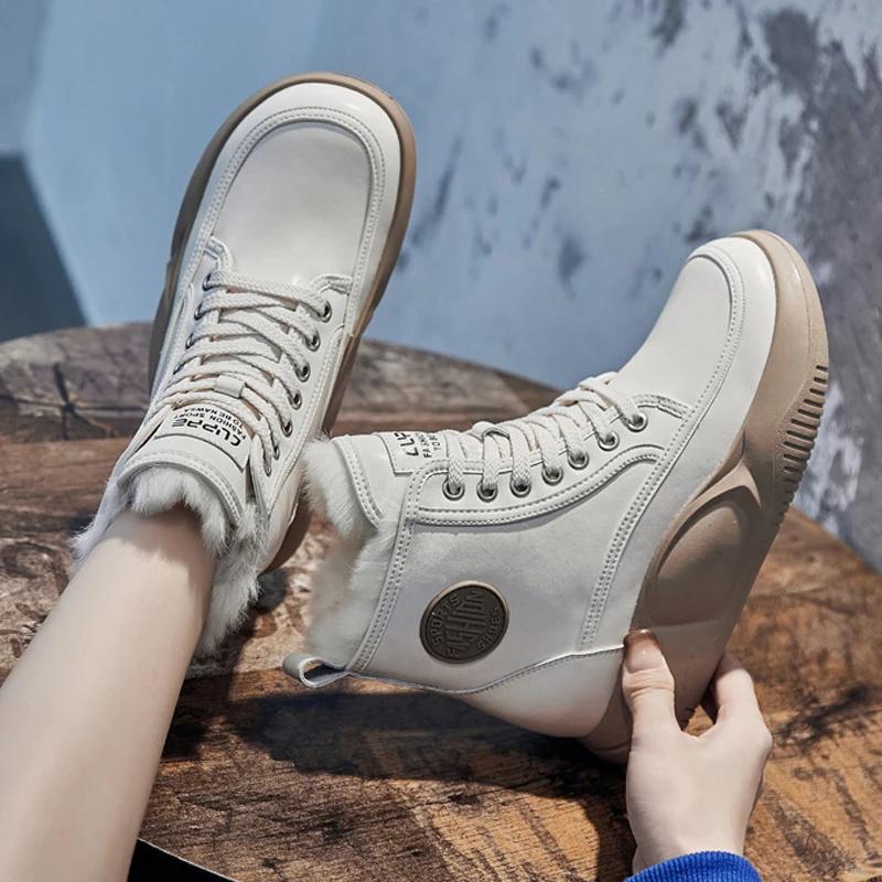 2025 Зимняя обувь из натуральной кожи Женские зимние ботинки Увеличение высоты 4 см Теплый плюш Женские ботильоны Черный Белый