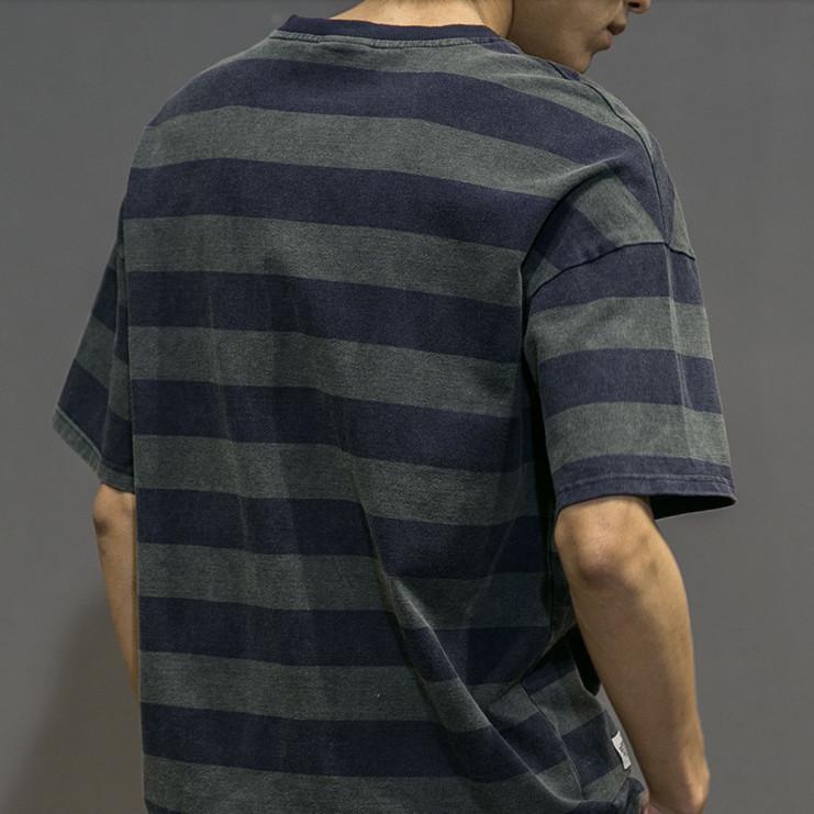 Мужская футболка из 100% хлопка с короткими рукавами, летние рубашки в полоску с круглым вырезом, корейская версия, модные свободные свободные полурукава