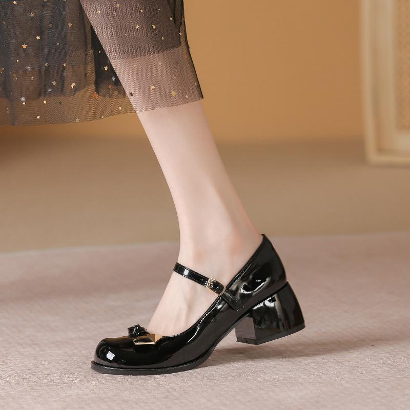 2025 весна новый ретро бант нежный ветер мелкий вырез толстый средний каблук туфли Мэри Джейн кожа дышащие одинарные туфли женские