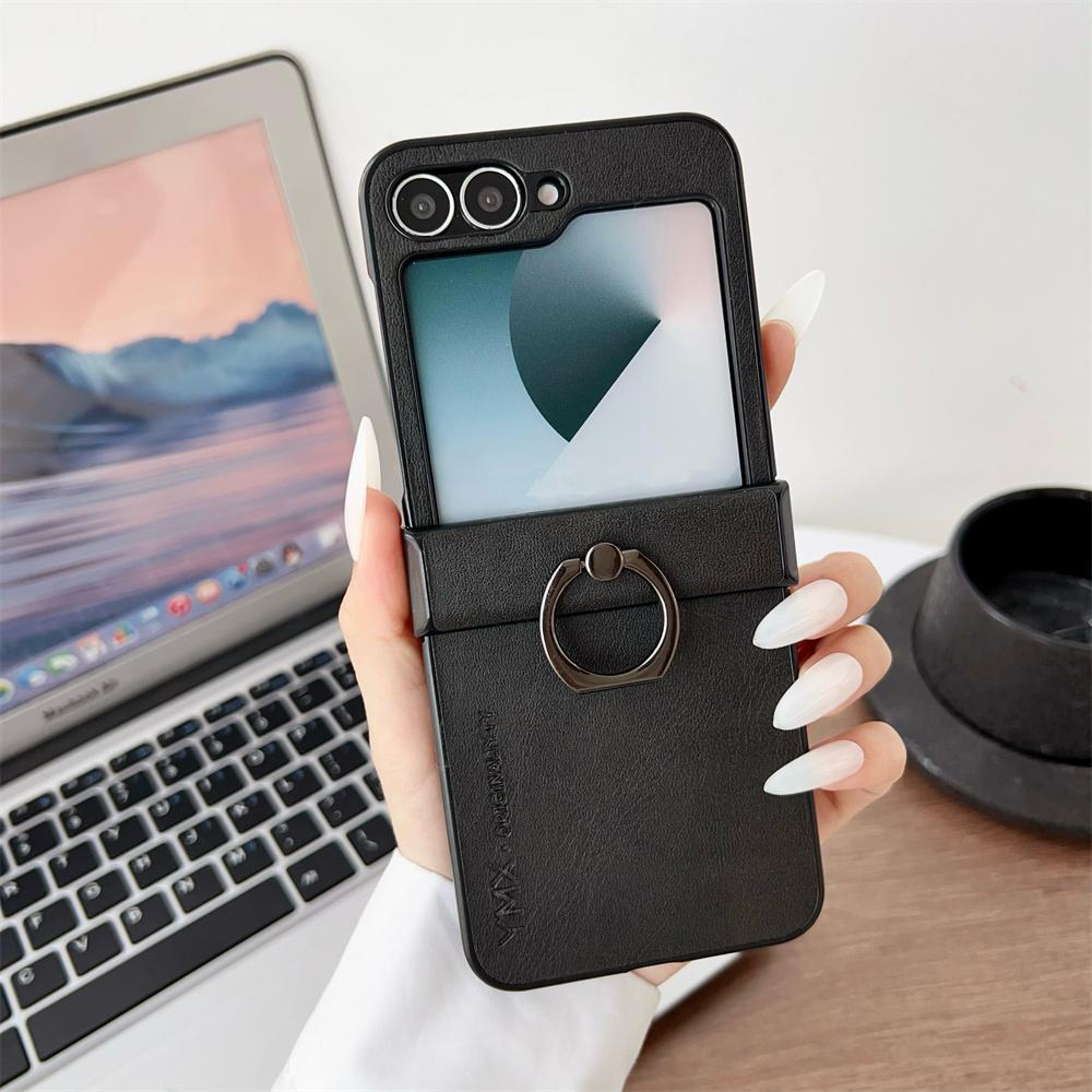 For Samsung Z Flip 7 FE Leather Finger Ring Bracket Phone Case for Galaxy Z Flip 7 6 5 4 3 3in1 Hinge Protection Cover