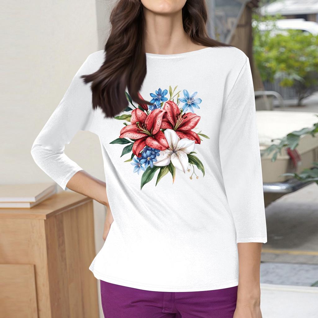 3/4 Sleeve Tops For Women T-Shirt Casual Print Tops T Shirt Round Neck Pullover Blouse