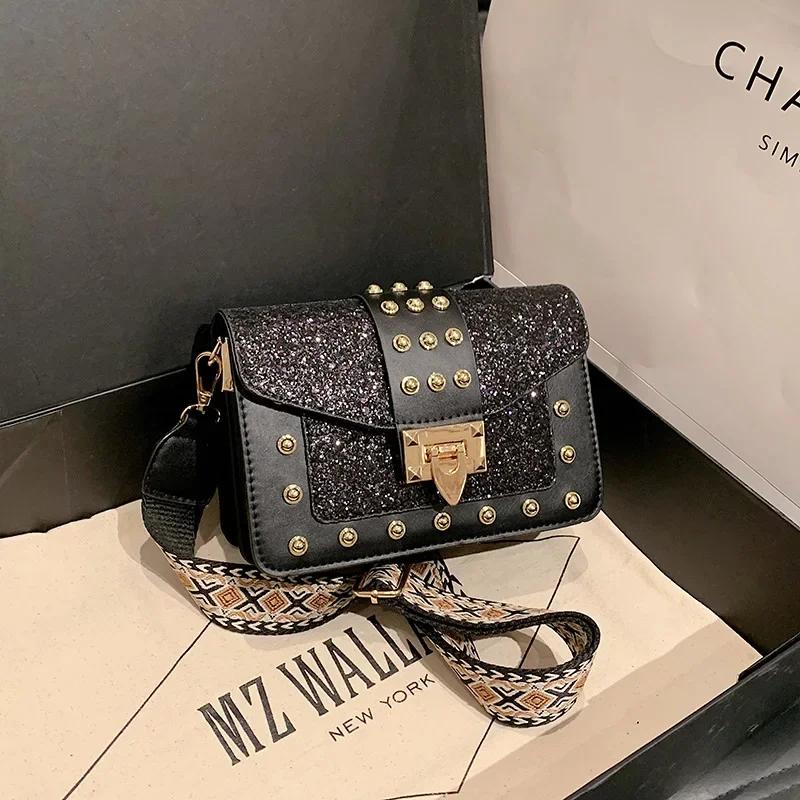 Модная женская сумка через плечо с заклепками из лакированной кожи, широкая сумка через плечо, женская модная маленькая квадратная сумка через плечо с пайетками