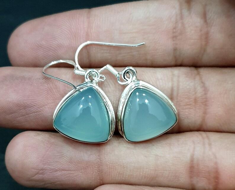 Aqua Chalcedony Gemstone Triangle Earring, Handmade Jewelry, Birthday Gift, Valentine Jewelry, Women Earring, 925 Sterling Silver
