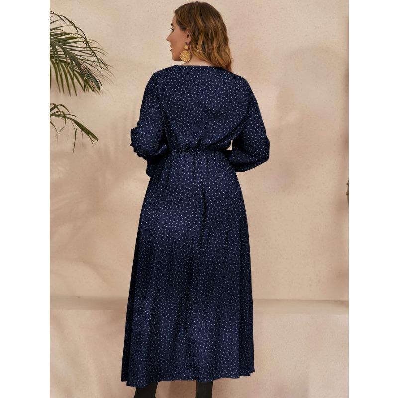 Весна и осень Платья больших размеров для женщин Свободное платье в горошек с длинными рукавами