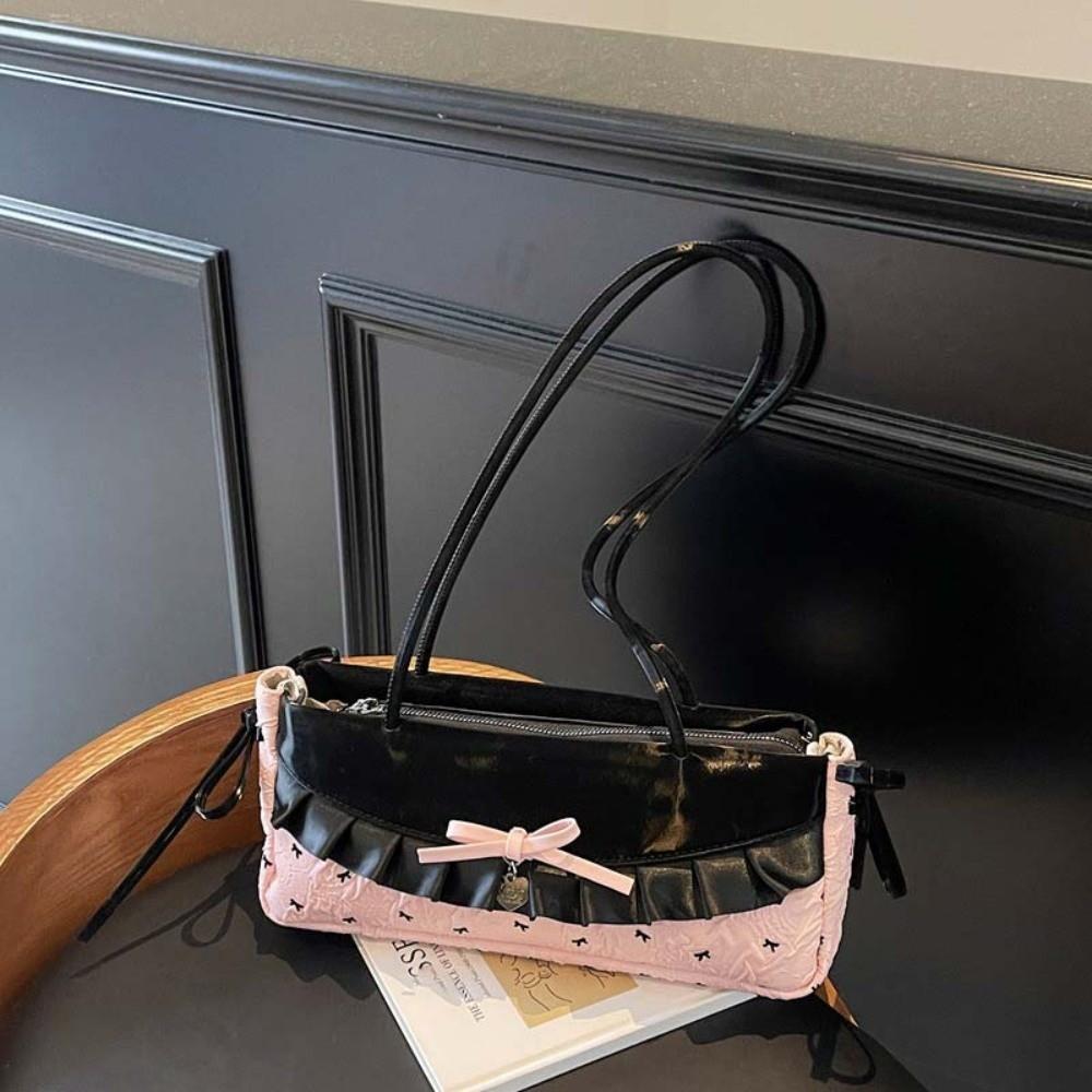 Black French Stick Handbag Denim Blue Cloth Underarm Bags Shopping Plaid Bow Shoulder Bag  Travel