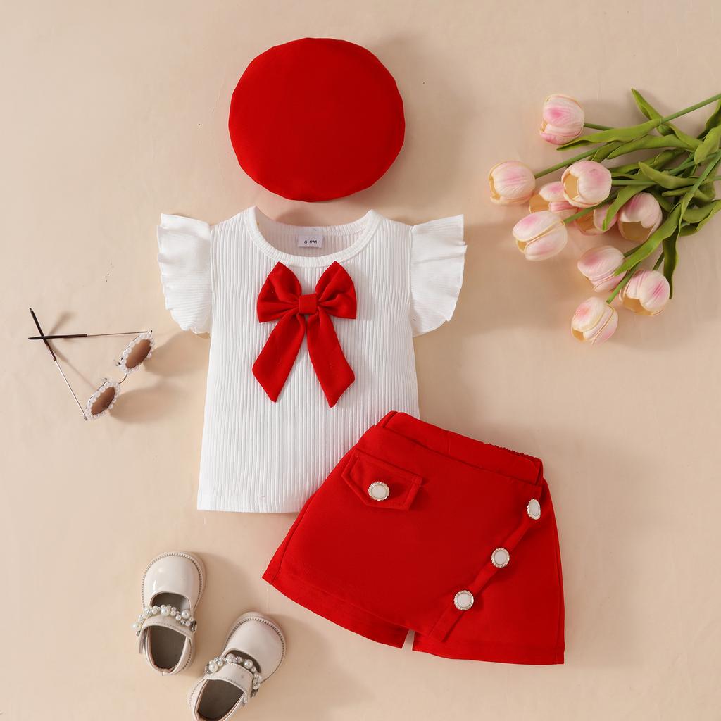2026 LY New Casual Breathable Kids Clothes Girls Sleeveless Ruffled Top Large Bow Buttoned Skirt-Pants Beret Hat Clothing Set
