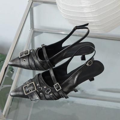 Модные винтажные босоножки-стилетто Осень Новые Острый носок Мелкие заклепки Металлическая пряжка Один ремешок Противоскользящие Износостойкие Высокие каблуки