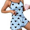 2 Pcs/Set Women Summer Pajama Set Heart Print Backless Sleeveless Spaghetii Strap Shirring Edge Elastic Waist Shorts Vest Set Sleepwear Daily
