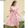 MODIQUE 2025 Summer New Women's Elegant Floral Print Belt Pleated Flounce Long Dress Ladies Casual A-Line Short Sleeve V-Neck Dress