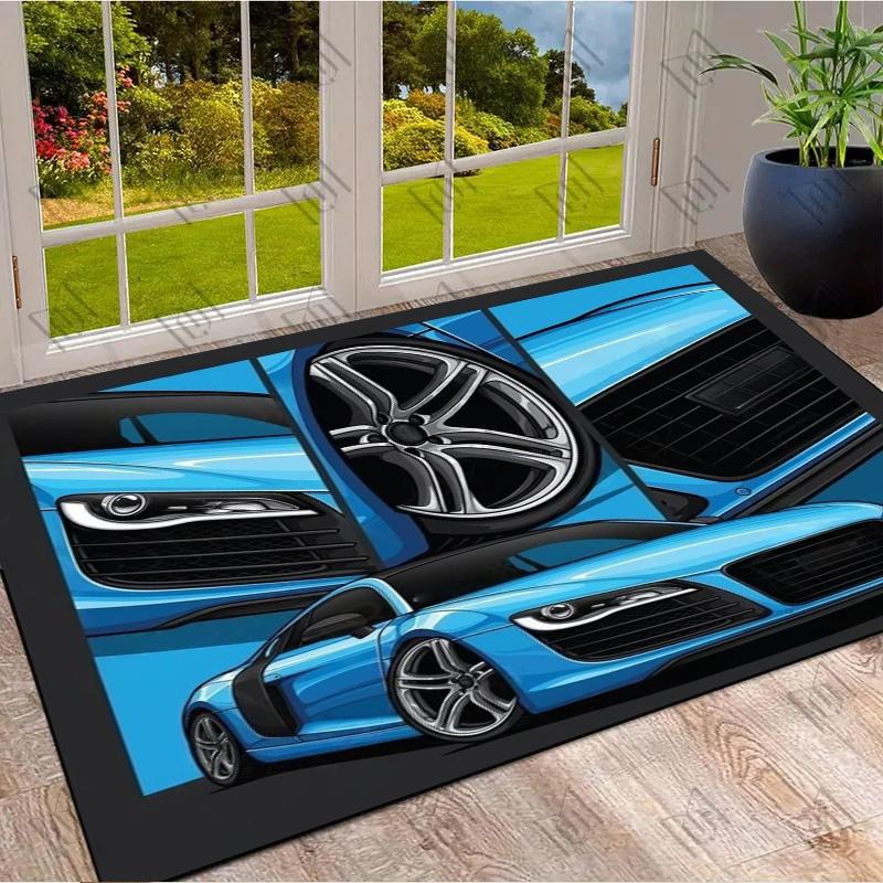 Bright Blue Supercar Multi‑Panel Comic Print Area Rug Non‑Slip Rectangular Floor Mat Auto Fan Home Decor Rug for Gaming Room Bedroom Living Room