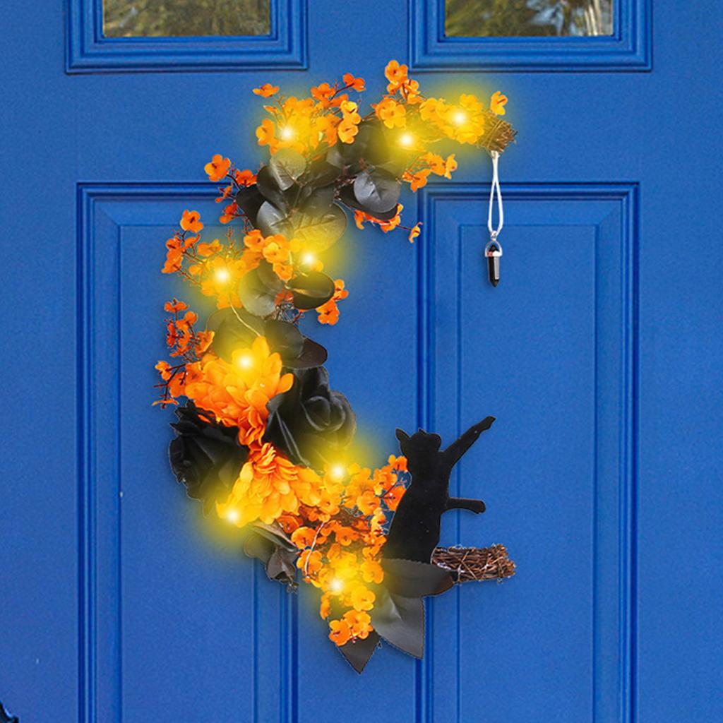 Хэллоуин Лунный венок с черным котом Деревянный венок Хэллоуин Венок Ужасы Украшения для дома Вечеринка Окно Стена Крытый