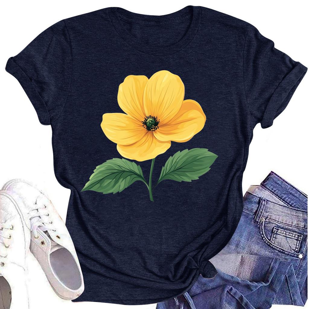 Женская повседневная футболка с круглым вырезом и цветочным принтом, короткий рукав