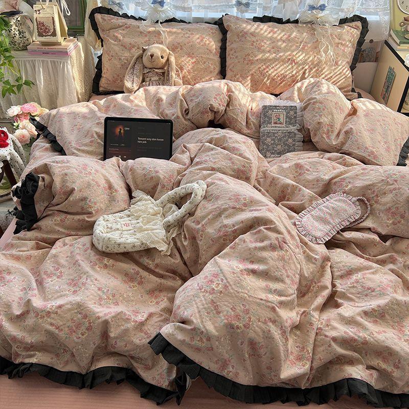 Class A Maternal Infant Grade Wrinkled Cloud Double-Layer Yarn Lace Quilt Cover, Bed Sheet 4-Pcs Set, Student Dormitory 3-Piece Set